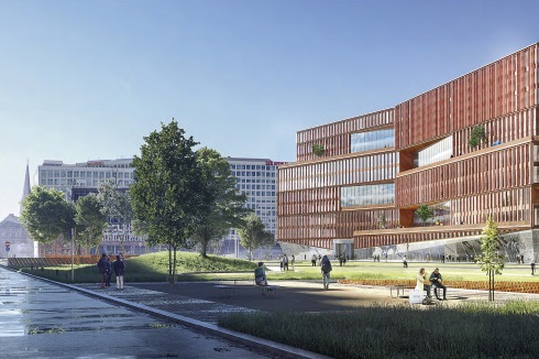 <span class="Bold"><strong>Drei weitere Preise Gewerbe</strong></span> 3XN stapeln vier jeweils leicht bewegte Bänder. Im Erdgeschoss lüften sie die Fassade übereck zum Lohsepark und zur Stadt.<br />