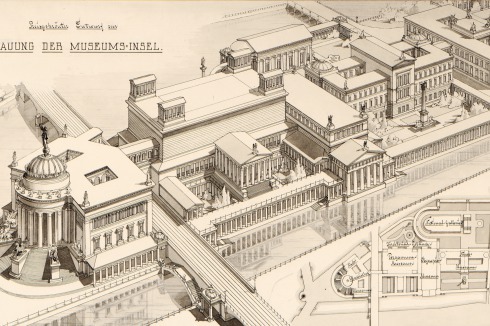 Perspektivische Ansicht und Lageplan eines Entwurfs für den nördlichen Teil der Insel mit dem Mu­seum für Nachklassische Kunst; Bernhard Sehring, Gewinner des Schinkelwettbewerbs 1882. Der Entwurf sah auch lange Kolonnaden am Kupfergraben vor.<br />