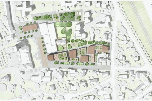 <strong><span class="Bold">2. Preis</span></strong> Der von Max Dudler und Planorama unterbrei­tete Vorschlag fällt deutlich massiger aus. Dem Ensemble steht ein dreigeschos­siger Turm vor.<br />