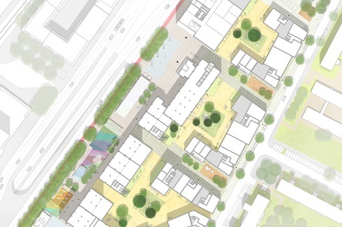 Grundriss eines Regelgeschosses mit projizierter Außenraumgestaltung: Im Westen, entlang der Otto-Braun-Straße, erstreckt sich sich das Akti­vitätenband, zur Nachbarbebauung im Osten befinden sich die Kieznischen.<br />