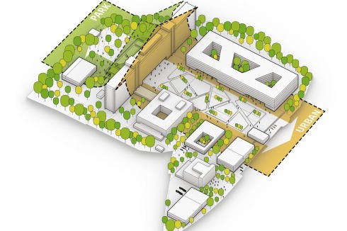 <strong><span class="Bold">Teilnehmer</span></strong> Henn stellen der Altbau-Scheibe stadtseitig einen Park und stadtabgewandt eine Plaza bei.<br />