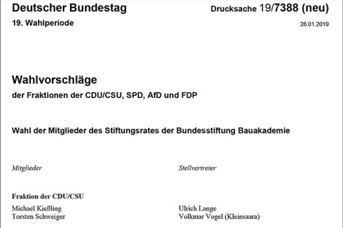 Die fünf Mitglieder des Stiftungsrates der Bundesstiftung Bauakademie aus dem Bundestag<br />