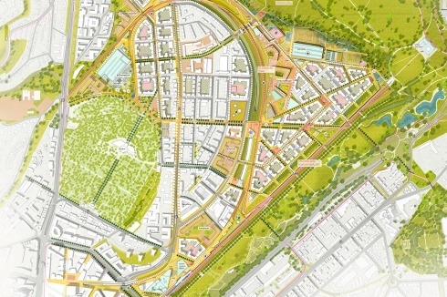 <strong><span class="Bold">4. Preis </span></strong>Tovatt Architects und Ramboll Studio Dreiseitl Landschaftsarchitektur besetzen das Areal mit Blockstrukturen. Die Höhenunterschiede des Geländes behalten sie bei und bringen Funktionen in ehemaligen Bahnanlagen unter, die zum Park hin abtreppen.<br />