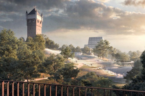 <strong><span class="Bold">1. Preis </span></strong>Henning Larsen und Topotek 1 setzten für die Darstellung Ihres Vorschlags auf Bildgewalt. Der alte Wasserturm passt ins märchenhafte Panorama mit Park.<br />
