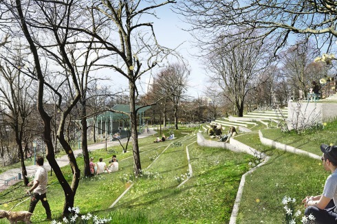 Vor dem Auditorium erneuern sie den Veranstaltungspavilion.<br />