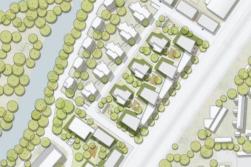 <strong><span class="Bold">3. Preis</span> </strong>bogevischs buero architekten &amp; stadtplaner wanden ihre kubischen Baukörpern mit Backstein. Die Stadträumliche Rhythmisierung gefiel der Jury, bezüglich der Grundrisse hegte sie Bedenken.<br />