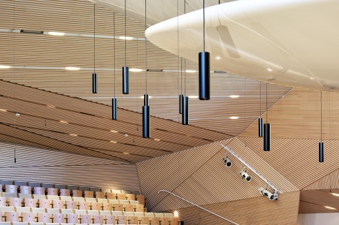 Die Holzlatten-Decke und -Wände des Saals und die drei Reflektoren gestaltete die Architektin mit Kahle Acoustics.<br />