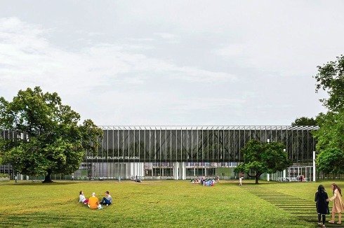 ... und Rendering der Rückansicht vom Park aus gesehen. So sieht der Standort aus, wenn man Dessaus Realitäten verdrängt.<br />