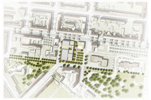 Zwischen Medizinischem Versorgungszentrum und Schwimmhalle verbindet ein Parkplatz die belebte Eisenbahnstraße mit dem südöstlich angrenzenden Rabet-Park.<br />