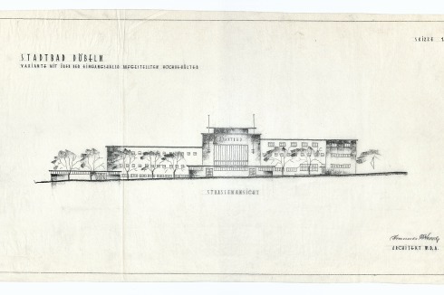 <span class="Bold">Das Stadtbad Döbeln wurde im Olympiajahr 1936 eingeweiht und von Werner Retzlaff realisiert. Hier eine</span><span class="Bold"> Entwurfsvariante von Koppe.</span><span class="Bold"></span><br />
