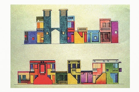 Fassadenskizze zum Projekt „Aranya Low Cost Housing“ in Indore, 1989.<br />