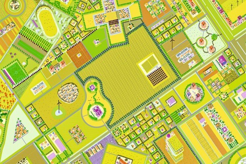 Exemplarische Darstellung von Almere Oosterwold nach dem Rahmenplan von MVRDV: Die Raumstruk­turen entspringen der individuellen Kreativität der Grundstücksbesitzer.<br />