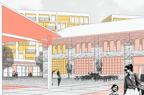 ... und der Forumsplatz mit Kiezkantine und dem Eingang zum Kindergarten<br />