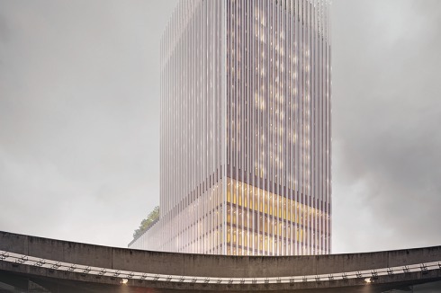 <span class="Bold"><strong>1.Preis</strong> KSP Jürgen Engel Architekten </span>reüssierten im Fas­sadenwettbewerb (A). Ihr scheinbar ins Unendliche strebender Turm mit einem Kleid aus Vertikalstreben stützt sich auf einen monolithischen schwarzen Block.<br />