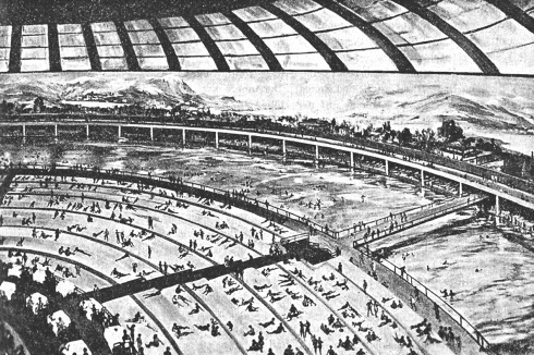 1928 entwarf Hans Poelzig den »Thermenpalast«, eine (unrelisiert gebliebene) Sport und Badeanlage für die Arbeiterklasse.<br />