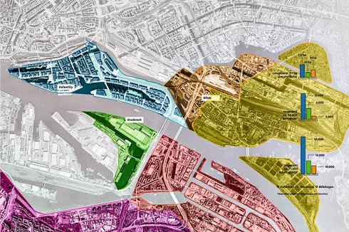 Der neue Stadtteil Grasbrook (grün) ist Teil der Inneren Stadtentwicklung Hamburgs am Stadtein­gang Elbbrücken. Weitere Stadtteile: Hafen-City (blau), Billebogen (braun), Rothenburgsort (gelb), Veddel (rot) und Wilhelmsburg Nord (violett).<br />