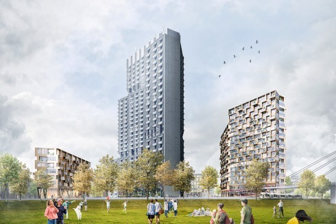 <strong><span class="Bold">1. Preis</span></strong> schneider + schumachers eher horizontal gelagerte Fassadengestaltung lobte die Jury als gelungenen Kontrast zur Vertikalität des alten Wohnturms. Auch die zum Neckar orientierte Plaza gefiel.<br />