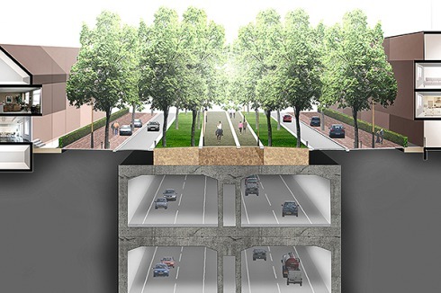 Schnitt durch den König-Willem-Alexander-Tunnel. Im oberen Geschoss fährt der Stadtverkehr, im unteren der Fernverkehr der A2.<br />