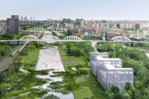 Blick über das Wasserbassin. Dahinter der Dom und die Torre Velasca. Vorne rechts: Das Projekt von OMA sieht auch die Nutzung einer Bahnhofs-Bauruine von Aldo Rossi aus dem Jahr 1983 vor.<br />