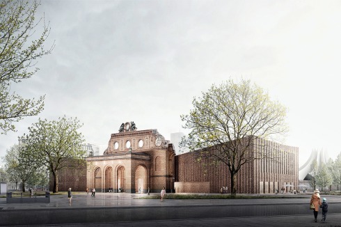 <strong><span class="Bold">Teilnehmer </span></strong>Staab Architekten dachten sich einen halböffentlichen „Transitraum“ hinter dem Portal. „Die Innenseite der historischen Portalruine [wird] gekonnt in das Konzept eingebunden.“, schreibt die Jury. Die Gesamterscheinung sei zu nüchtern und schwach.<br />