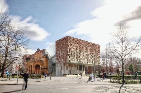 <strong><span class="Bold">Teilnehmer</span> </strong>Kéré Archi­tec­ture bieten eine „spek­ta­kuläre“ Figur zum Askanischen Platz an, obenauf eine Dachterrasse. Laut Protokoll wurde der Entwurf „als ungeordnet und zu kompliziert“ aussortiert.<br />