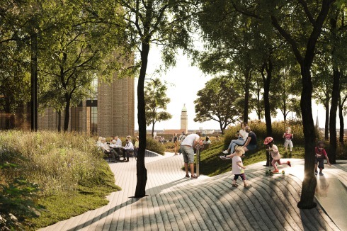 Auf der parkartigen Dachterrasse sind zurzeit Gastronomie, eine Kita und Angebote für Kunst und Kultur vorgesehen. Sie soll in Teilen der breiten Öffentlichkeit frei von Konsumzwängen zur Verfügung stehen.<br />