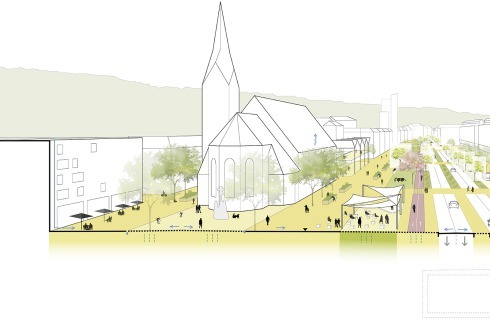 2. Preis: Pesch Partner Architekten und R+T Verkehrsplanung setzen in ihrem Entwurf auf einen Rück- und Umbau der B14 zu einer überwiegend vierspurigen Straße, begleitet von Baumreihen, Radwegen, Grün- und Sickerungsflächen. Die Pläne des Teams basieren auf zwei Bauphasen. Der Schnitt zeigt den Endausbau an der Leonhardskirche, der Straßenverlauf bleibt auch hier oberirdisch.<br />