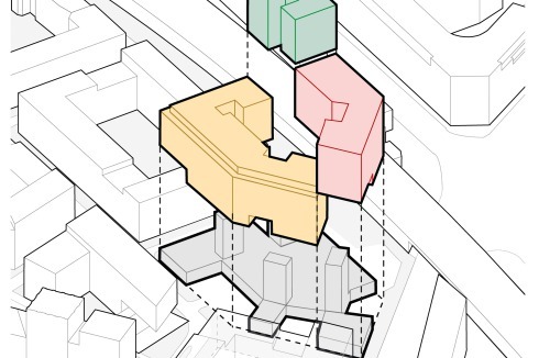 Der Block besteht aus der Carlsberg-Deutschland-Zentrale (rot) und einem Gewerbehof (grün), geplant von blauraum, sowie Büroeinheiten zur Miete (gelb), nach dem Entwurf von augustinundfrank/winkler.<br />