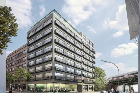<strong><span class="Bold">1. Rang</span></strong> blauraum Architekten und rabe landschaften entwickeln den Block­rand im Nordosten. Darin befinden sich Büros von Carlsberg und ein Gewerbehof. Für die Fassade wählen sie grüne Relieffliesen.<br />