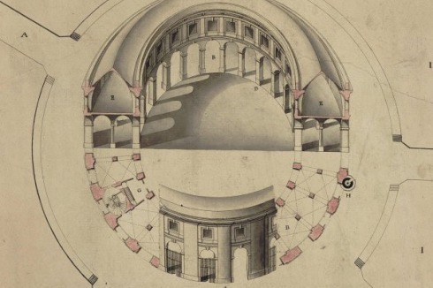 Plan des ersten ringförmigen Baus ohne Kuppel von Nicolas Le Camus de Mézières, 1767.<br />