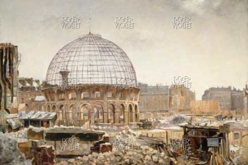 Umbau zur Börse, Henri Ferdinand Bellan, 1888. Vom Gebäude blieben nur der innere Fassadenring und die Tragkonstruktion der Kuppel übrig.<br />