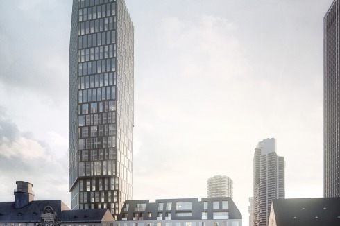 <strong>1. Preis</strong> Meixner Schlüter Wendt und Vogt Landschaftsarchitekten gingen behutsam mit dem zu schützenden Altbau um und entwarfen ein elegantes Hochhaus, dessen Form sie aus den Dachziegeln des Alten Polizepräsidiums ableiteten.