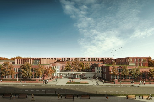 <strong>1.</strong><strong> </strong><strong>Preis</strong> Nieto Sobejano Arquitectos entwickeln eine Symmetrie zwischen Theaterbau (links im Bild) und Wohnriegel (rechts).<br />