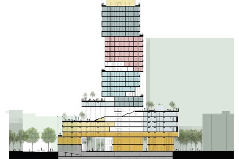 Das gänzlich als Holzkonstruktion gedachte Hochhaus ist in weiten Teilen öffentlich. Neben Gewerbe und Bildungseinrichtungen im Sockel sind auch ein Restaurant und eine Sauna im obersten Geschoss sowie die Dachterrassen für alle nutzbar.<br />