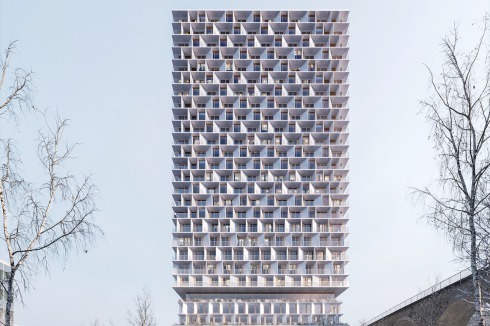 <strong>1. Preis Lausanne </strong>3XN und Itten + Brechbühls Fassadenmodul öffnet die Wohnungen über großflächige Verglasungen. Schräge Laibungen dienen dem Sonnenschutz und durch feine Perforationen der Holzoberfläche der Lärmregulierung.<br />