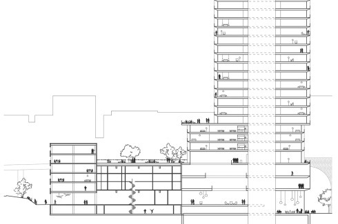 Das Hochhaus ist bis zur sechsten Etage als Stahlbeton-, darüber als Verbundkonstruktion aus Holz und Stahl ausgeführt. <br />