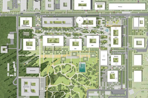 <strong>2. Preis</strong> Obermeyer Planen +Bauen und Keller Damm Kollegen sehen ebenfalls eine Magistale vor. Ihre Dachfläche ist begrünt und verbindet sich über Rampen mit dem Patientenpark. Die Atriumbauten variie­ren und sind versetzt zueinander angeordnet.<br />