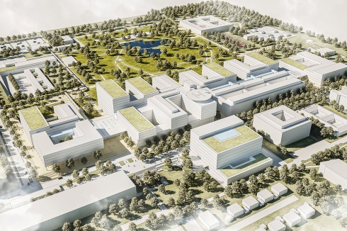 <strong>1. Preis</strong> HENN und C.F. Møller Architects planen eine line­are Anordnung der Bauten in einer Kammstruktur mit gestaffelten Bauhöhen. Der Patientenpark verzahnt sich mit den Bauten. Der Eingangsplatz liegt im Kreuzungspunkt mit der Magistrale, die sich in späteren Bauphasen verlängern wird.<br />