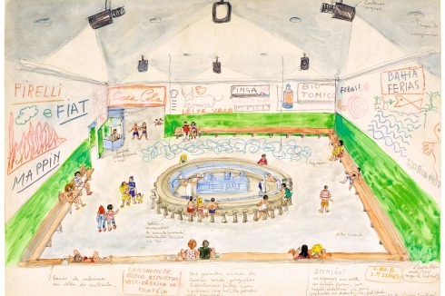 1977 bis 1986 baute Lina Bo Bardi ein ehemaliges Fabrikgelände in São Pau­lo für die Gewerkschaftsorganisation Serviçio Social do Comércio (SESC) zu einem Sport- und Kulturzentrum um. Die Skizze oben zeigt einen Essbereich.<br />