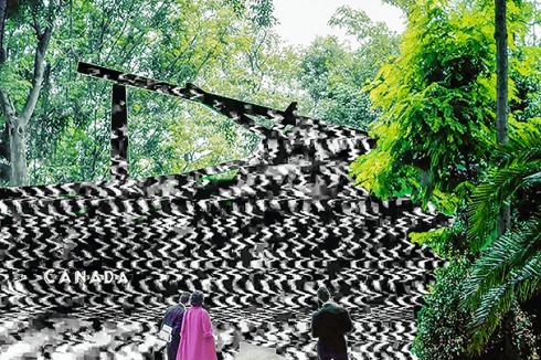 Durch die Handykamera betrachtet, wird der Pavillon in den Giardini zu kanadischen Bauten, etwa zum Habitat 67 oder zur Simon Fraser University.<br />