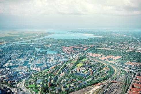 Der Siegerentwurf von Cobe: Nordwestlich ist die „Eisenbahnstadt“ durch den Bogen der aktiven Gleisanlage umschlossen. Auf der Gegenseite trennt eine Schnellstraße das seit Anfang der 2000er entwickelte Viertel Sydhavnen ab.<br />