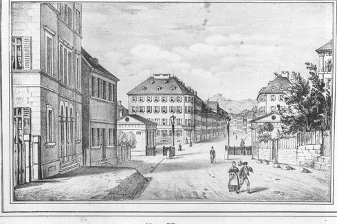 Das Tübinger Tor mit Lindle und die Hauptstätter Straße um 1845. <br />