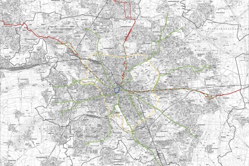 Das geplante Veloroutennetz mit zwölf durchlaufenden Velorouten (grün), drei in die Region führenden Radschnellwegen (rot-grün), dem inneren Cityrad-Ring (blau) und dem äußeren Julius-Trip-Ring (gelb).<br />
