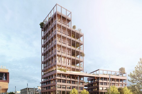 <strong><span class="Bold">2. Preis</span></strong> hdg, Henninger und Lachmann, Podehl, Boppard mit bauchplan verbinden drei Baukörper über <br />eine öffentliche Dachterrasse, den „Skywalk“ auf Ebe­ne 5. Die Konstruktion ist als Holz-Hybrid-Bauweise angedacht. Die Projektion enthält vielseitige Wohntypologien und die geforderte Nutzungsmischung im Gewerbeangebot.<br />