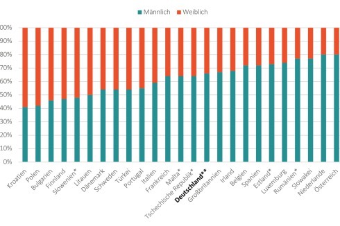 Es fällt auf, dass die europäischen Länder, in denen es nur wenig Unterstützung vom Staat für Familien bei der Kinderbetreuung gibt, im Verhältnis die meisten Architektinnen vorweisen. Im Gegensatz dazu ist in den skandinavischen Ländern, die bekannt sind für ihre vorbildliche Familienpolitik und hohe Frauenerwerbsquote, mit Frauenanteilen von 44 bis 51 Prozent die Verteilung ausgewogen. Frankreich gilt als Land, in dem Frauen Kinder und Beruf besonders gut vereinbaren können, dennoch sind nur rund ein Drittel der ArchitektInnen dort Frauen.<br />