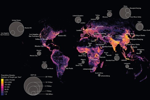 Megacities-Karte: Mehr als die Hälfte der heutigen Bevölkerung lebt in solchen Agglomerationen, Tendenz steigend, vor allem in Asien.<br />