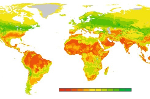 Karte der Klima-Nischen: In den dunkelroten Regionen steigen die durchschnittlichen Tagestemperaturen bis 2070 auf über 30°C, womit diese kaum noch bewohnbar sein werden.<br />