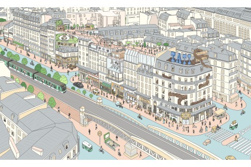 Umplanung der Rue Barbès mit intensiver Mischnutzung der Häuser. Die bepflanzten Dächer sind begehbar, die Erdgeschosse werden aktiviert.<br />