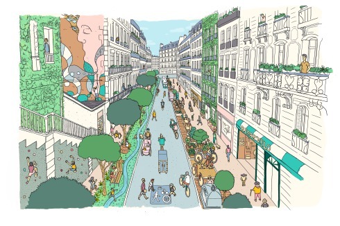 ... nachher einer Straße in einer idealisierten Vorstellung. Nach der Sperrung für den Autoverkehr und viel Begrünung soll der Raum vor allem den Menschen im Quartier zur Verfügung stehen.<br />