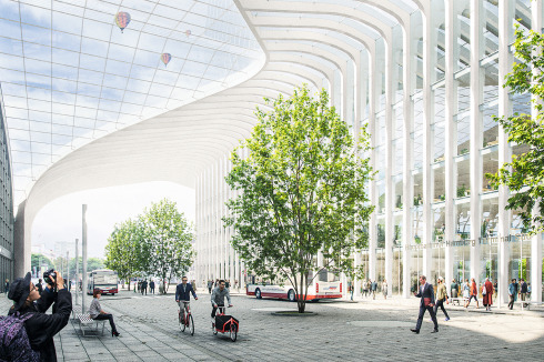 <span class="Bold"></span>Die Kommunaltrasse zwischen Bahnhofs-Südfas­sade (links) und Neubau dürfen als Teilnehmer des motorisierten Verkehrs nur Taxis und Busse nutzen.<br />